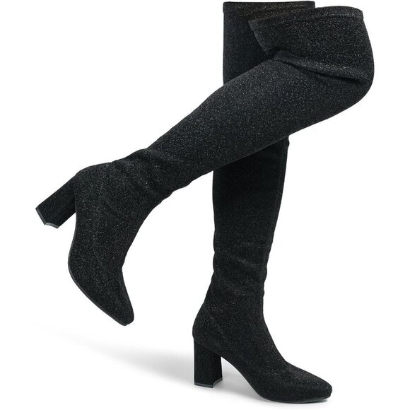 Hawkwell Shoes - Hawkwell Women Black Chunky Thigh High Over The Knee High heel Boots Pointy toe